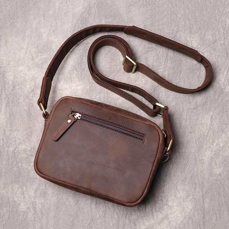 Real Men's Shoulder Vintage Daily Zipper Flap Phone Man Simple Bag Crazy Horse Leather Retro Sling Ba