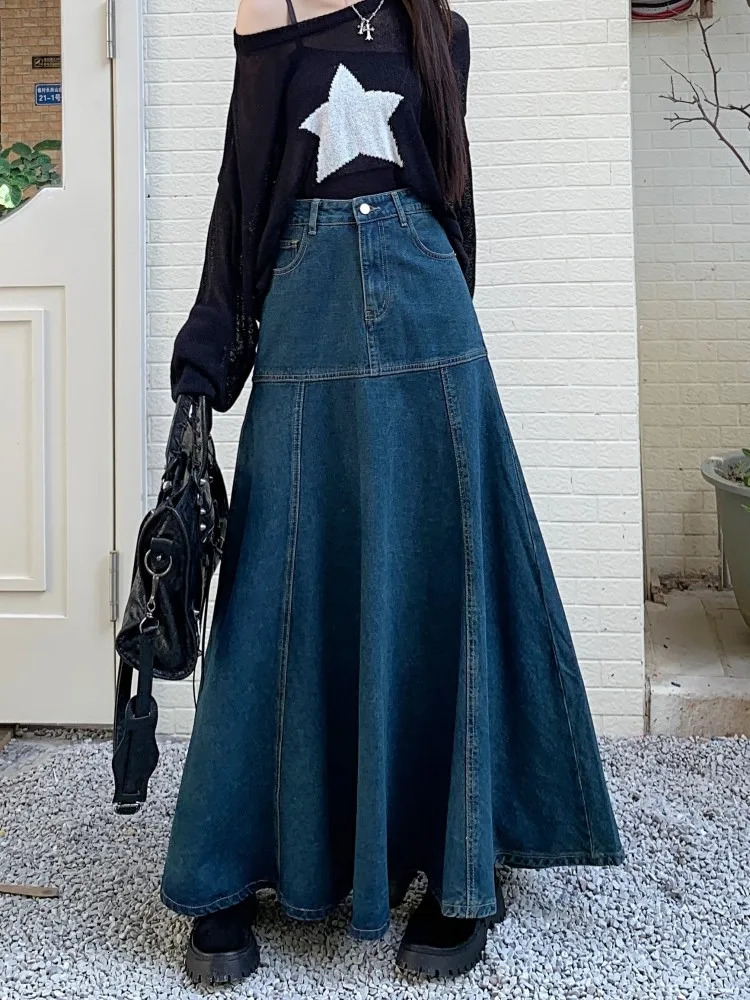 GUUZYUVIZ Long High Waist Versatile Fishtail Denim Skirt Woman 250513