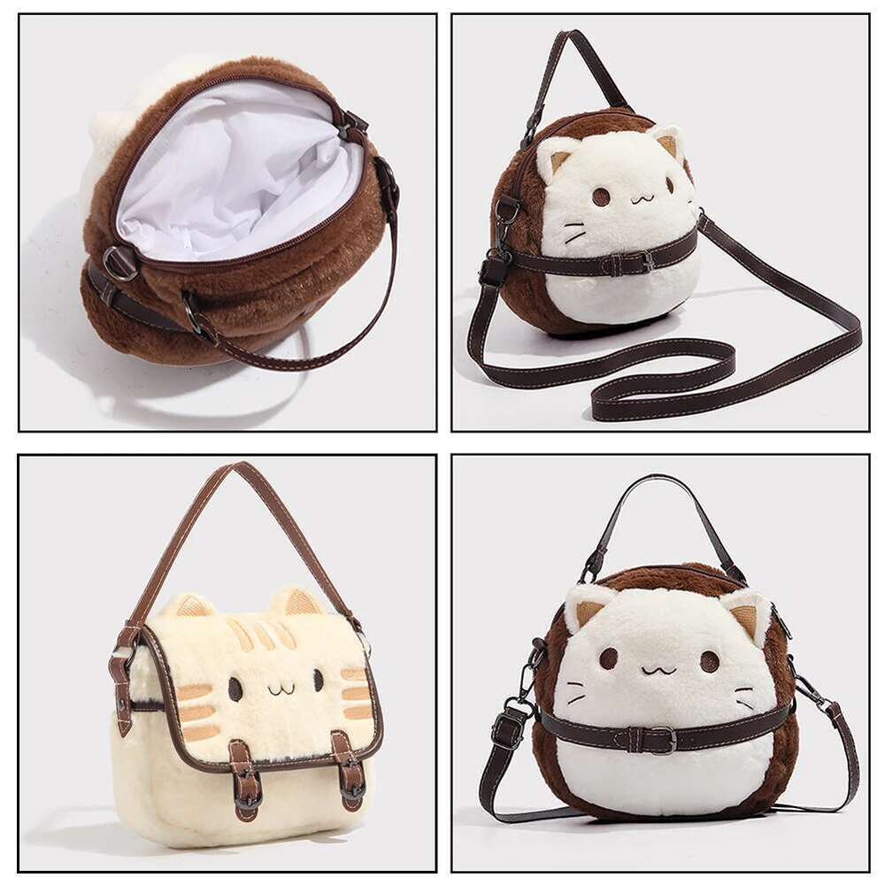Cute Plush Cat Handbag Adorable Stuffed Animal Hand-Made Backpack Large Capacity Shoulder Bag Cartoon Daypack For Kids Girls