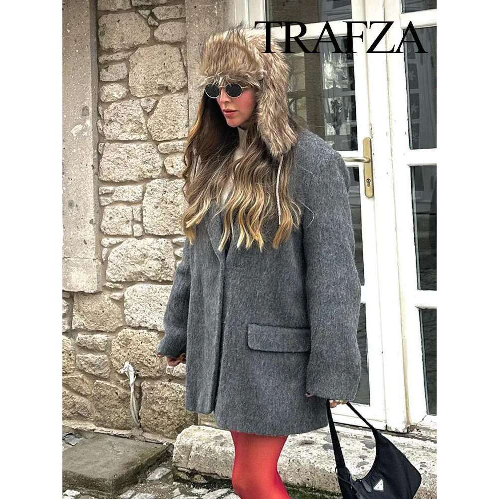 TRAFZA Fashion Plush Blazer Elegant Solid Y2k Women Long Sleeve Single Breasted Suit Coat Spring Female Casual Jackets
