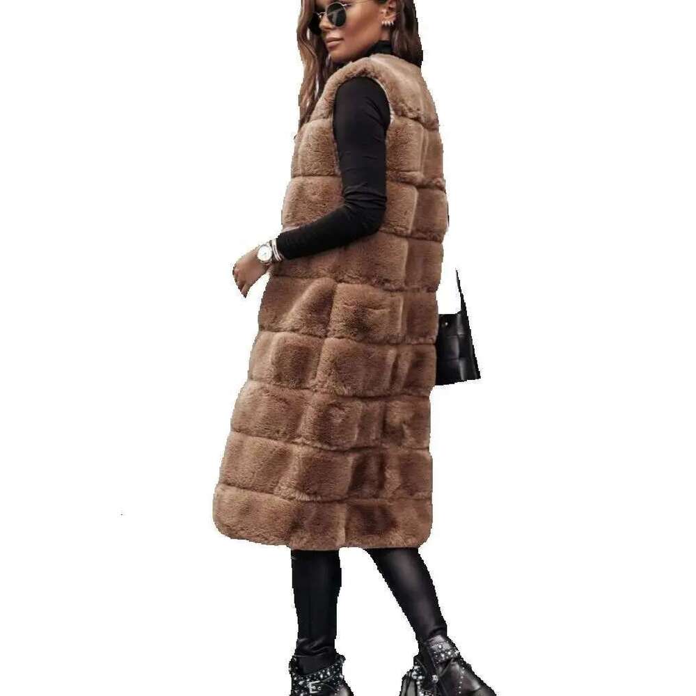 2025 Winter Women's Faux Coats X-Long Jackets Sleeveless O-Neck Vest Outerwear Female Fashion Lady Fur Cardigans Dresses Designer