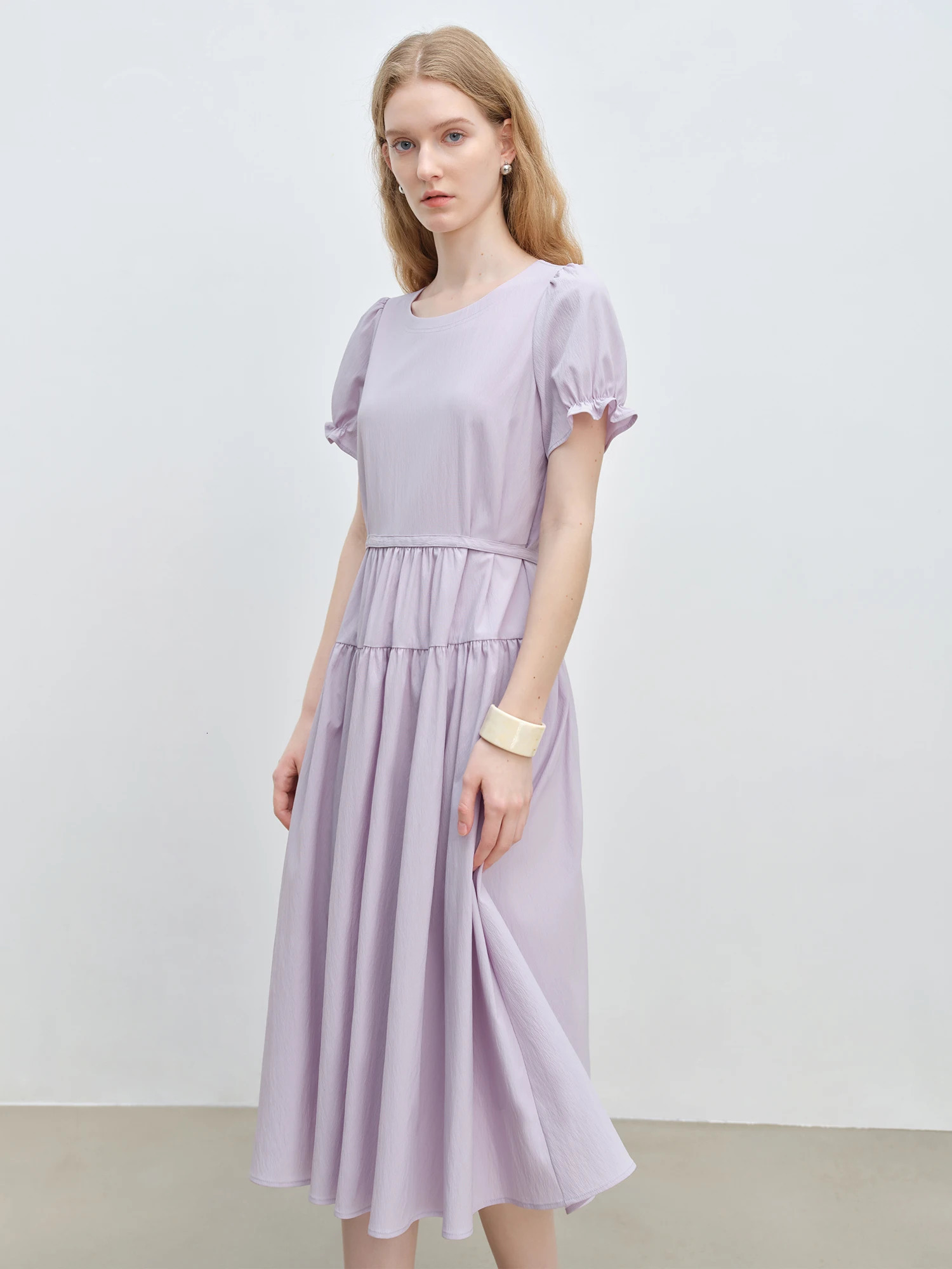 ZIQIAO Summer Arrival Petite Purple Shortsleeve Simple Adjustable Waist Dress for WomenGentle 25ZQ92286 250513