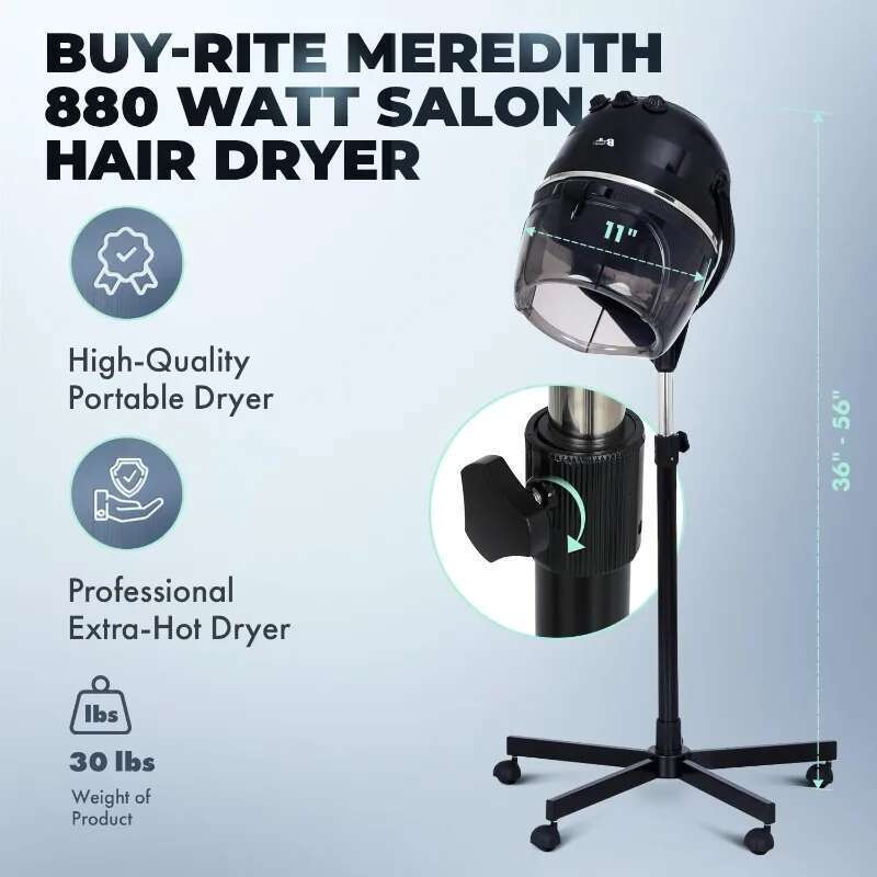 Buy-Rite Meredith 880 Watt Salon Hair Dryer, Sturdy 5-Star Caster Fully Adjustable Height, 60 Minute Timer, Automatic Shut-Off