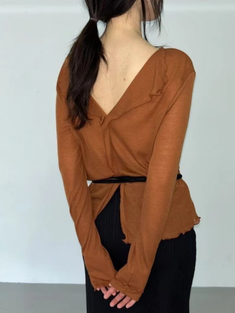 V Neck High Quality Plain T Shirt Women Elastic Basic Tshirts Female Casual Tops Long Sleeve Sexy Thin Tshirt See Through 250513