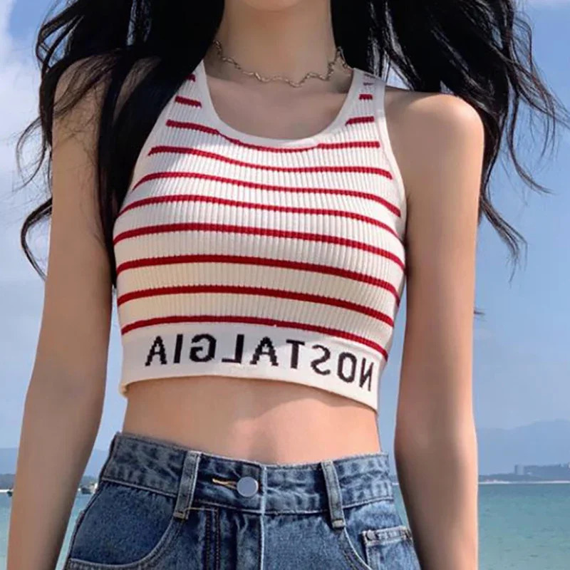 Women Stripes Sexy Slim Crop Top Letter Printed Sports Summer Tank Y2k Sleeveless Street Camis Beach Spring 250513