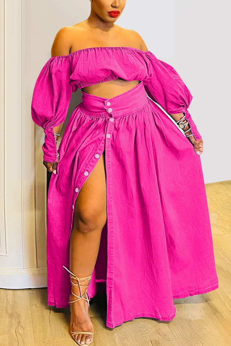 Womens Denim Two Piece Set Plus Size Split Hem Off the Shoulder Elegant Puff Sleeve Elastic Top and High Waist Skirt Outfits 250506