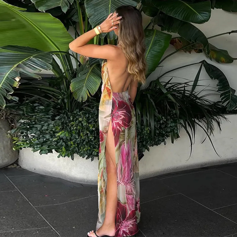 Floral Printed Suspender Dress Sexy Backless Womens Halter Dresses High Waist Split Maxi Fashion Robe Summer 250513
