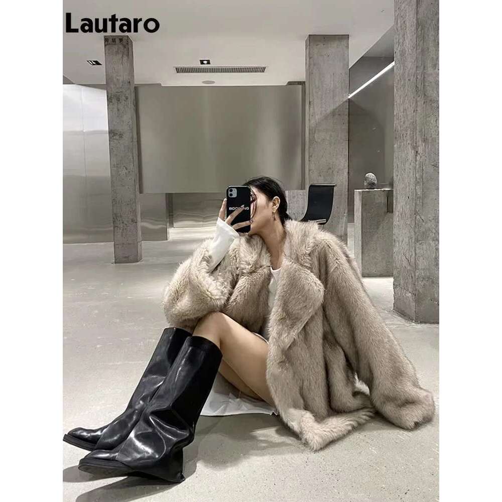 Lautaro Winter Loose Casual Thick Warm Soft Hairy Faux Fur Coat Women High Quality Furry Fluffy Jacket Korean Fashion Designer Designer
