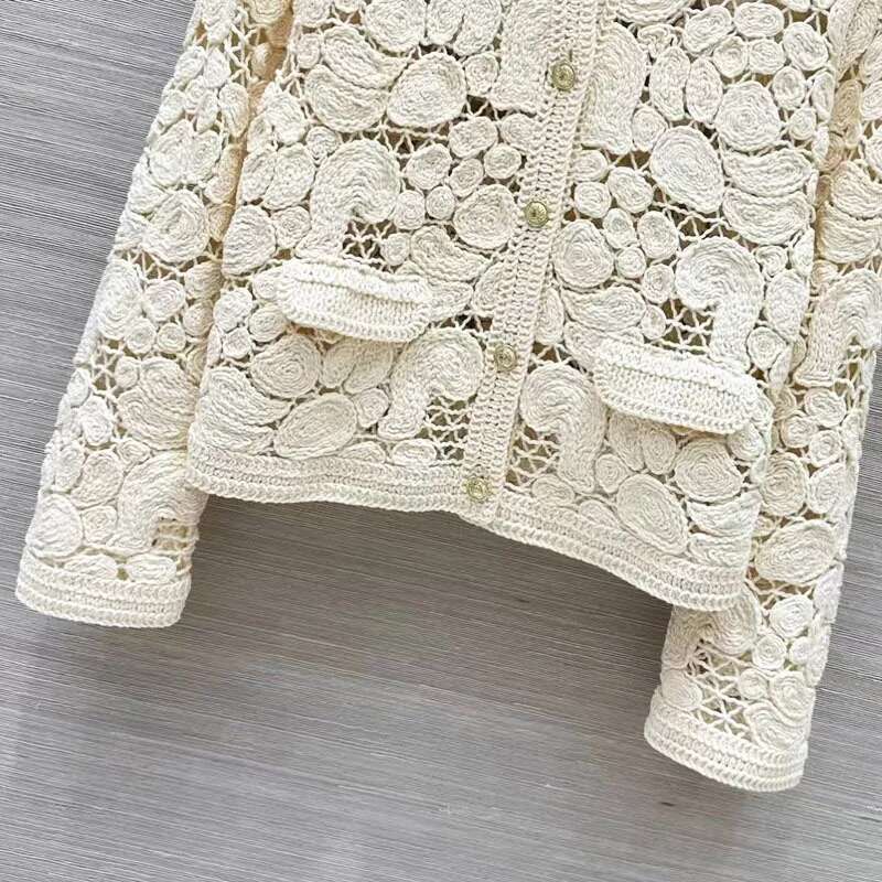 New Autumn Winter Knitted Cardigan Coats High Quality Women Crochet Knitting Long Sleeve Casual Beige Sweater Cardigans Top