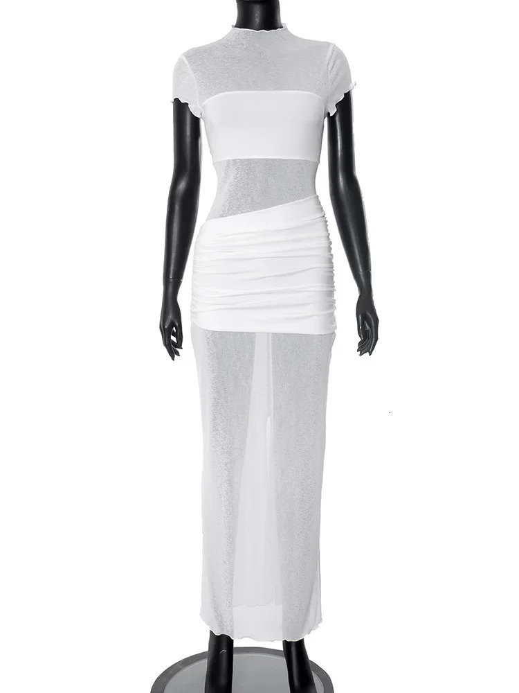 Summer See Through Beach Vacation Maxi Dress Short Sleeve Outfits Women Y2K Streetwear O Neck Bodycon Ruched Dresses Vestido 250513