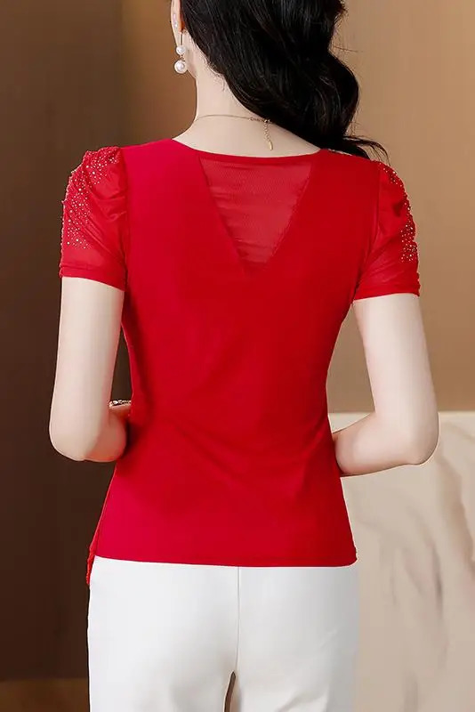 Summer Clothing Round Neck Short Sleeve T Shirt Casual Women Tops Slim Diamond Mesh 250513