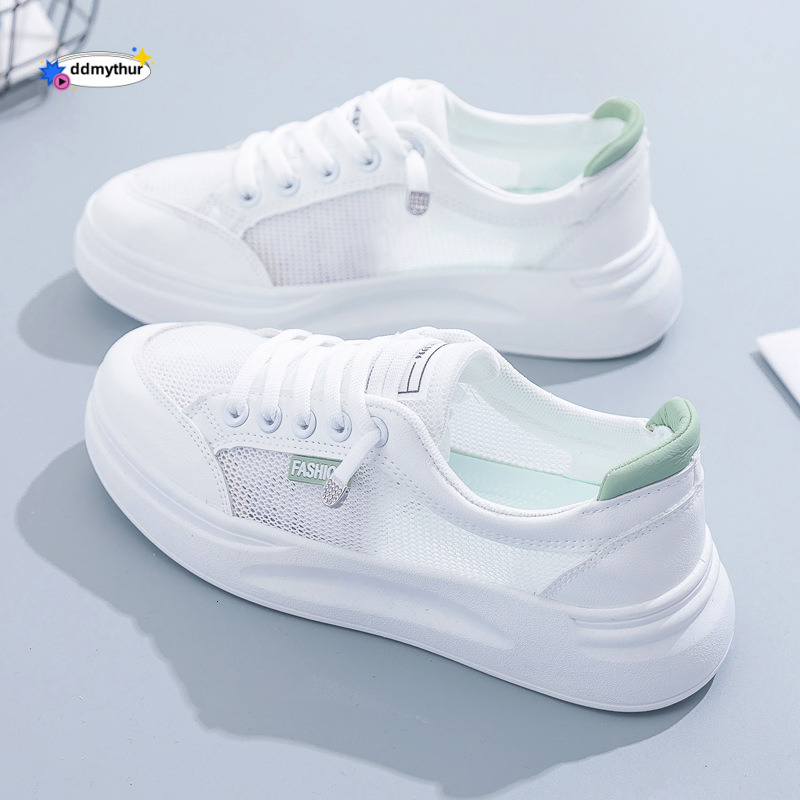 White for women's spring and summer 2025 new style breathable mesh versatile thin casual thick soled board shoes ddmythur