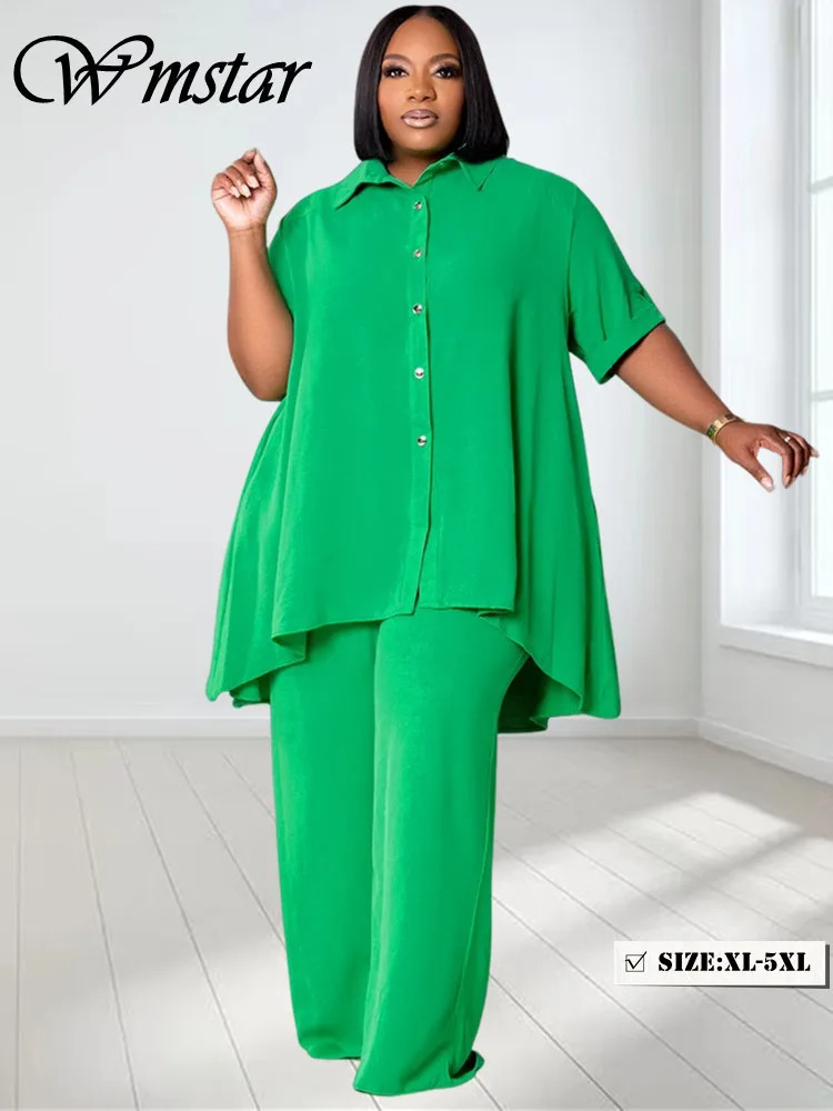 Wmstar Women Plus Size Two Piece Set 5XL Summer Casual Solid Button T Shirt Wide Leg Pants Female Outfits Wholesale Drop 250506