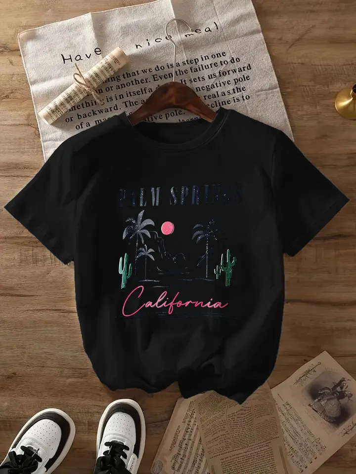 Y2K Summer Clothing Womens Black California Palm Springs Graphic TShirt Casual Short Sleeve Crew Neck Top with Retro Desert 250513