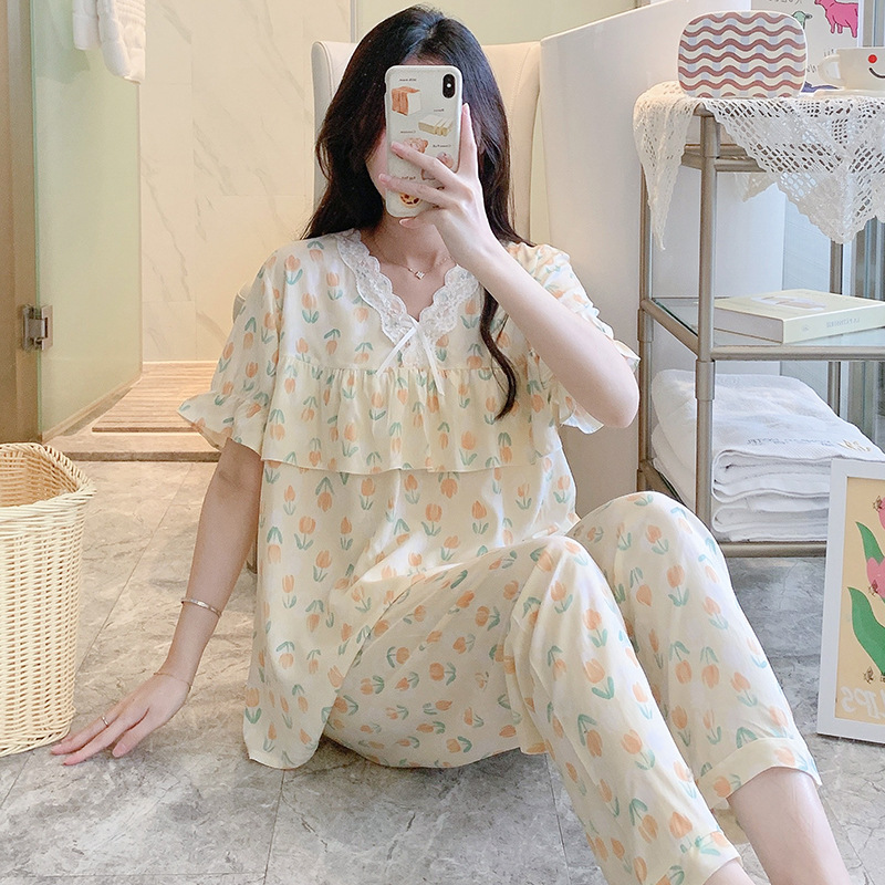 B1012-Cotton silk nightdress women's spring and autumn casual short-sleeved pajamas summer thin high-end touching cotton home clothes