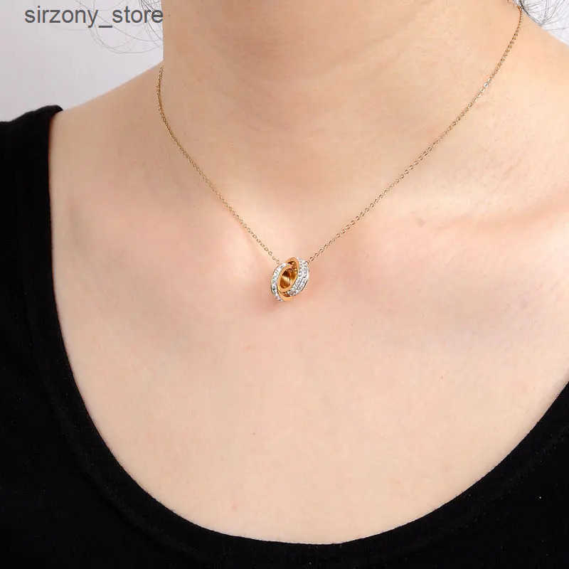 Double Circle Full Zircon Pendant Necklace for Women Love Gift Titanium Steel Gold Color Jewelry Woman Necklace Birthday Gift z250513A03X