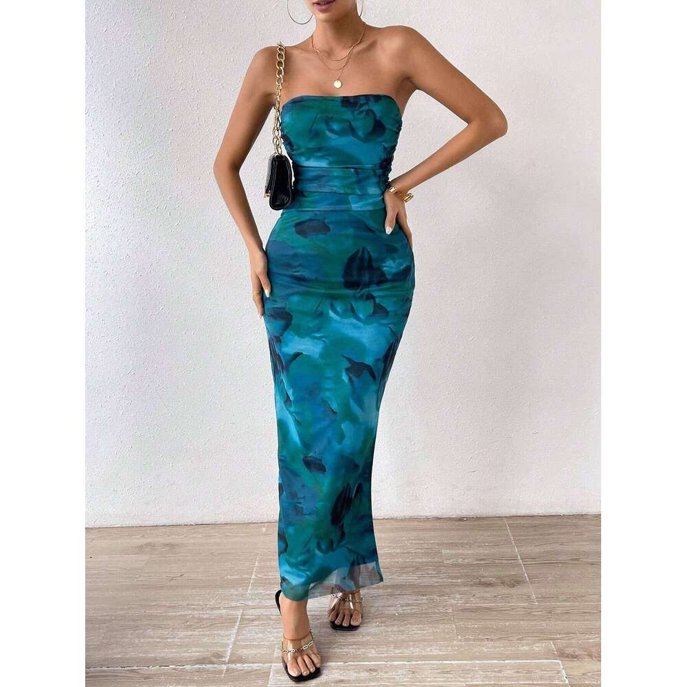Women Clothes Dress Mesh Floral Pleated Sexy Tight Fitting Slit Strapless Long Dress KQ