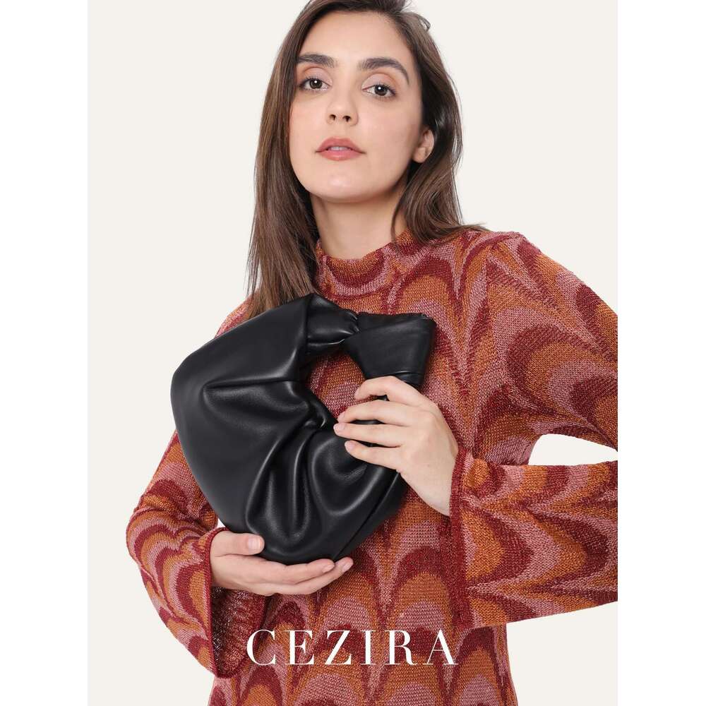 CEZIRA PU Leather Pleated Cloud Bags Women Fashion Top-Handle Ruched Purses Hobo Handbags Magnetic Button Closure Knotted Handle