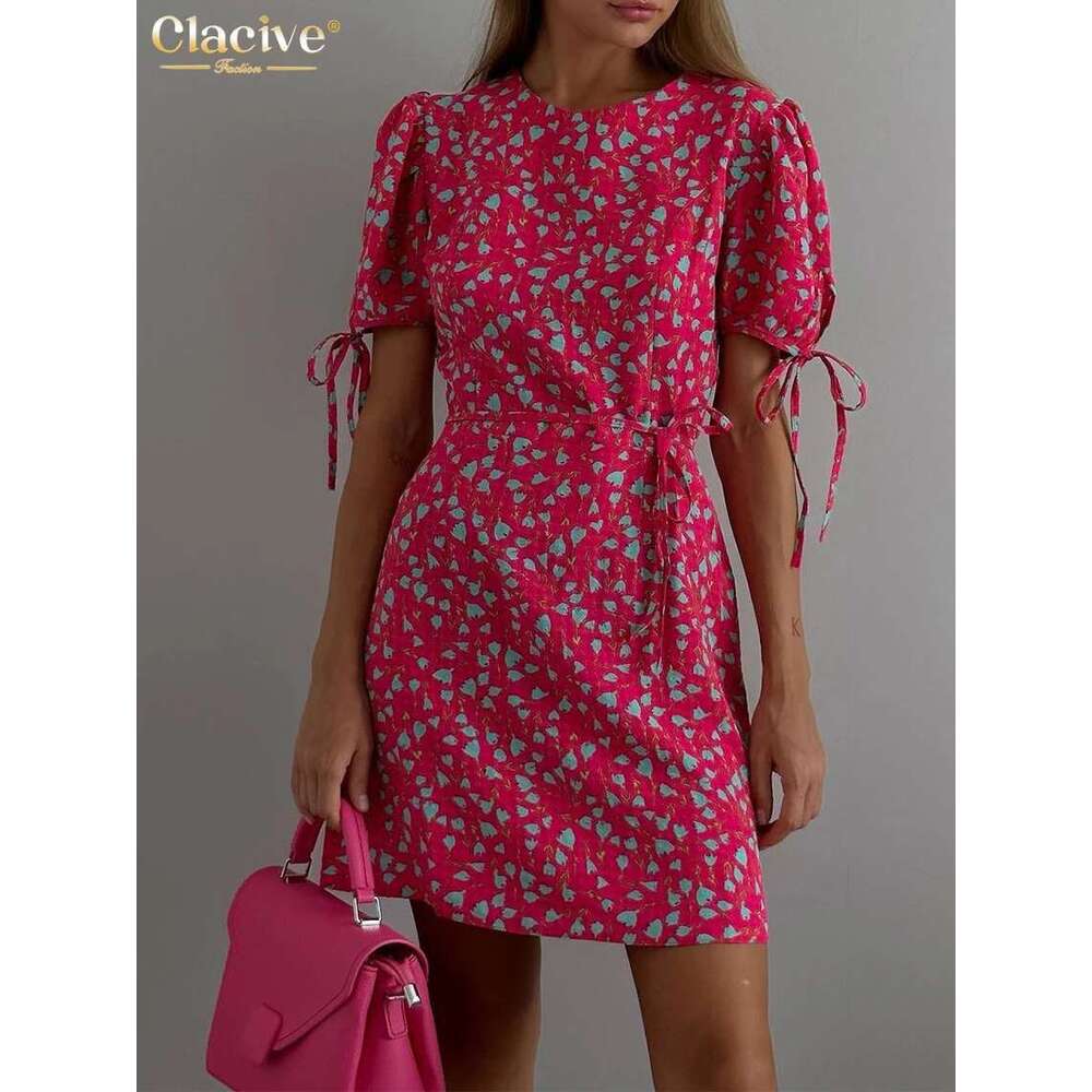Clacive Summer Loose Print Women's Fashion O-Neck Short Sleeve Mini Dresses Elegant Classic Lace-Up Female Dress