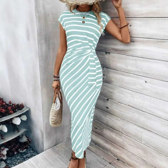 Women Clothes Dress Elegant Temperament Waist Strap Striped Round Neck Short Sleeved Long Dress Summer High End Women S Clothing KQ