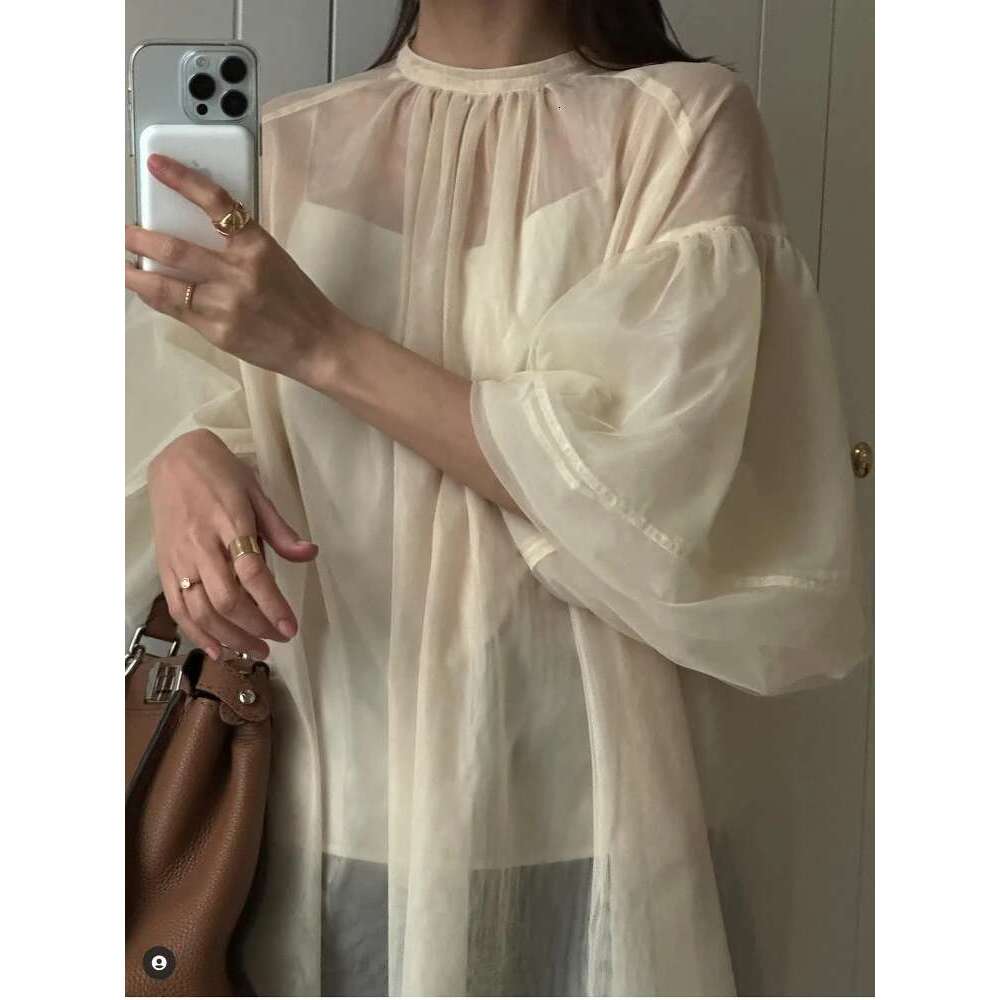 Elegant Vintage Shirts Blouses Round Neck Latern Sleeve Blusas Mujer Spring Summer New Clothes Women Loose Casual Shirt