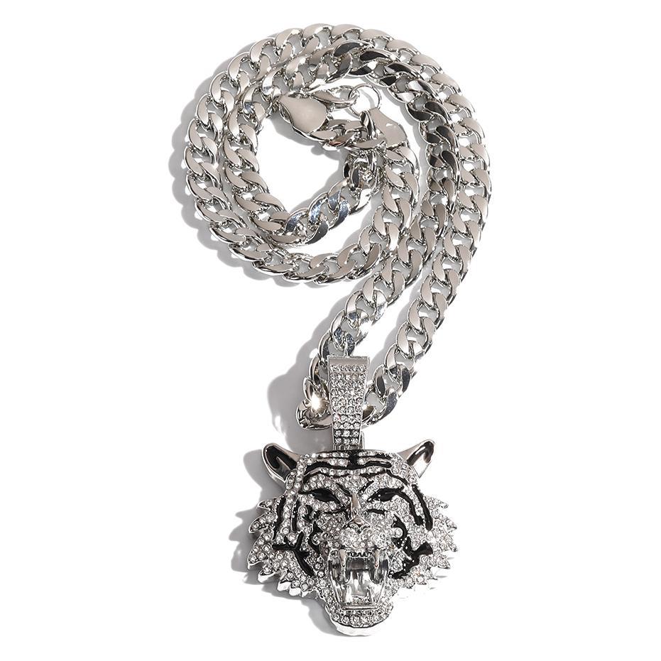 Trendy Men's Full Diamond Cuban Link Chain Necklace, High-End Hip Hop Pendant with Cross and Tiger Design