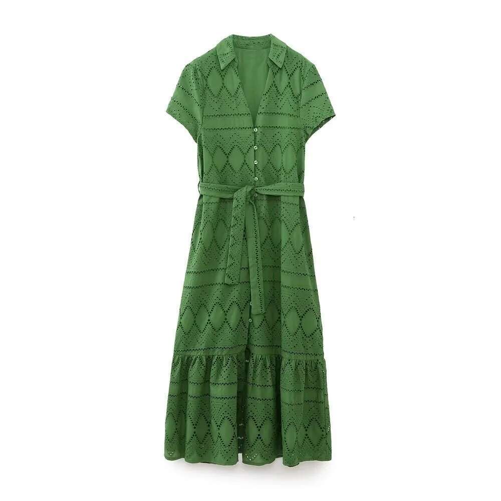 ZAR * Spring/Summer Hot Selling New Women's Waistband Lapel Short Sleeve Hollow out Embroidered Shirt Midi Dress