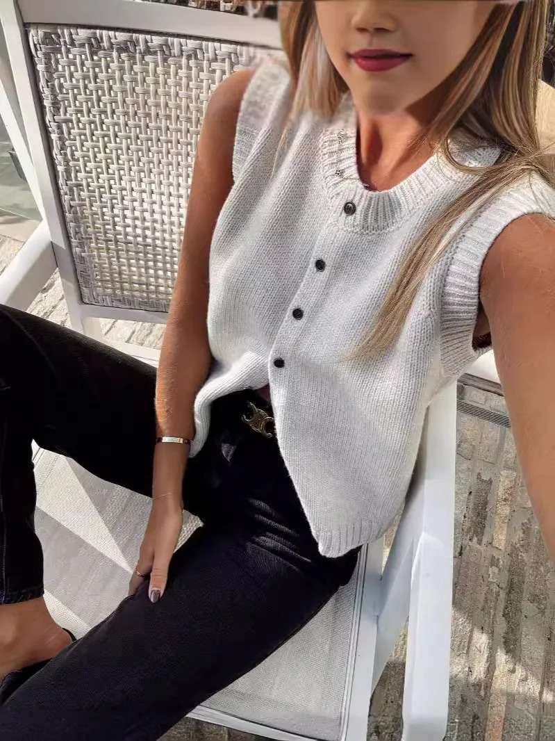 2025 Autumn Fashion Knitted Vests Top For Women Casual SingleBreasted Knitwear Cardigan Tanks Female Solid Sleeveless Sweaters 250506