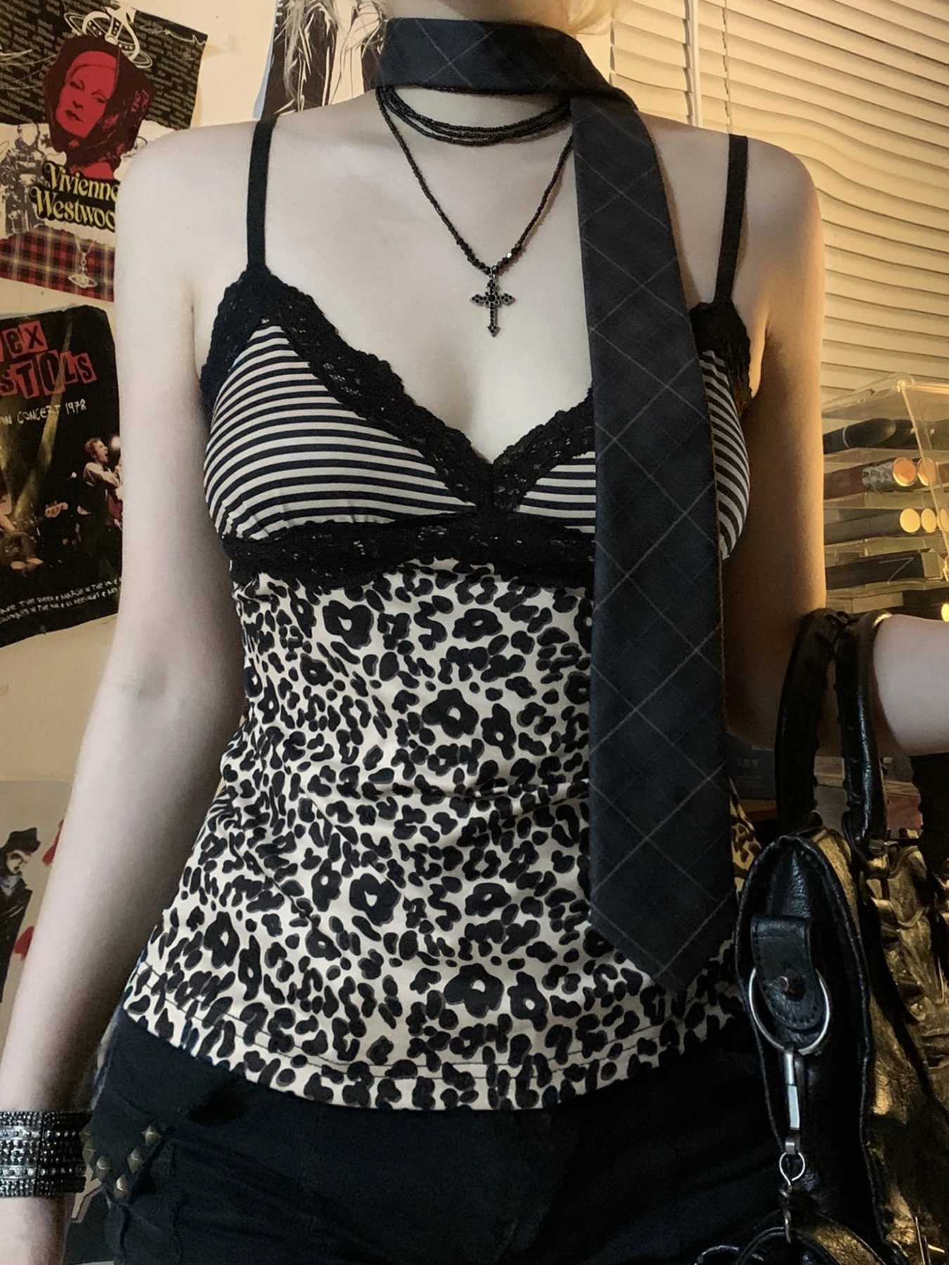 Rockmore Leopard Print Camisole Coquette Lace Frill V-neck Crop Top for Women Sexy Backless Y2K Vintage Stripe Patchwork Vest M250513