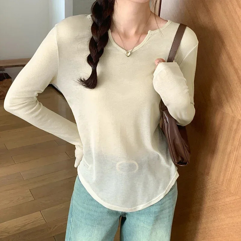 Korean Sexy Women TShirt Long Sleeve Style Slim Basic Elasticity Tshirt Top Womens Clothing T Shirt Femme See Through 250513