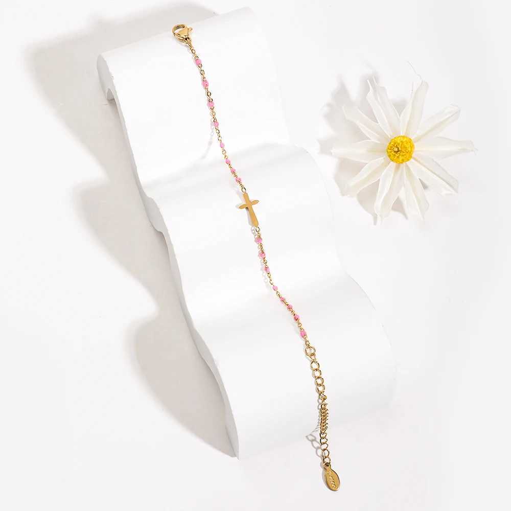 3M Girls Boho Thin Chain Stainless Steel Bracelets For Women Gold Color Peach Pink Cross Charm Beautiful Gift XJ250707