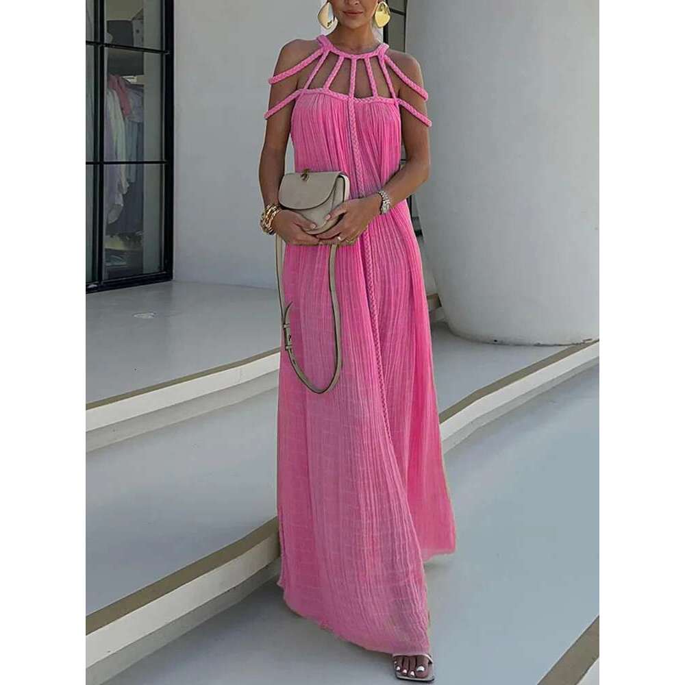 O-Neck Loungewear Hollow Out Party Women Summer Beach Style Fashion Maxi Dress, New Solid Sleeveless Elegant Ladies Dress