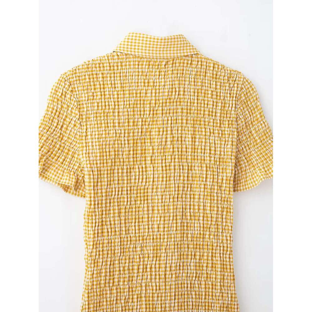DEEABAE World Brands Dresses 2025 New Yellow French Ruffle Plaid Shirt Slim Pleated Decoration Short Dress
