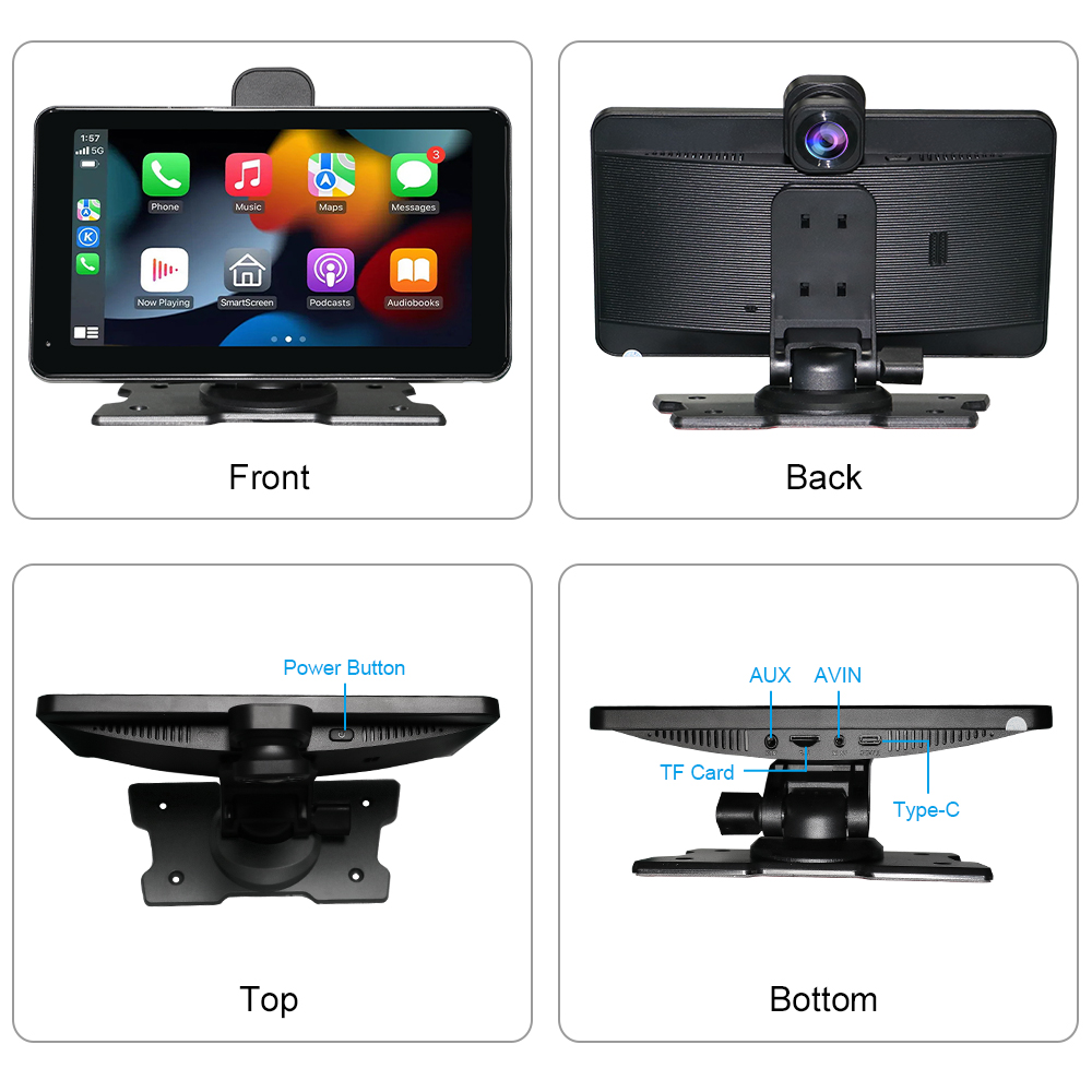 BY-CS74 7-inch In-Car Smart Display with Dual Cameras | Wireless CarPlay/Android Auto | 4K Front & 1080P Rear Cam | Global Multi-Language Support | Li