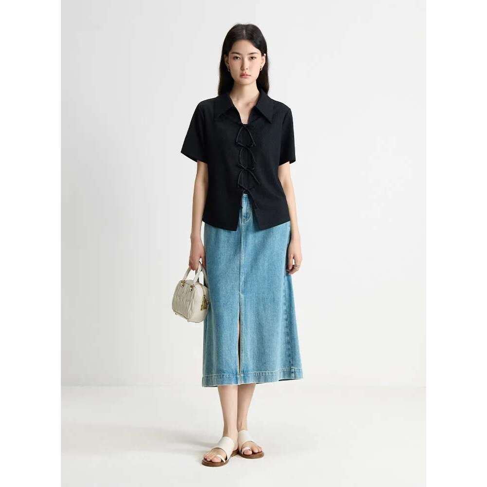 DUSHU Casual Elegant Chiffon Women Shirt Summer New Bow Commuting Short-Sleeved Black Top For Female 24DS82707