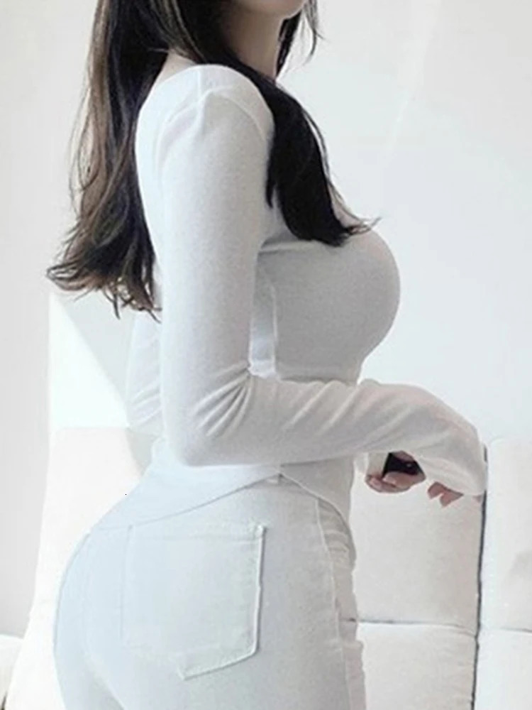 Sexy Deep VNeck T Shirt Women Basic Solid Slim Cotton Tees Long Sleeve Casual Female Tshirt Elastic Korean Tops 250513