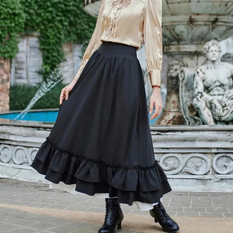 Casual Dual Layer Skirt Button Renaissance Costume Women Back Double Ruffle Long Shirring Waist Elastic Band Maxi Length 250513