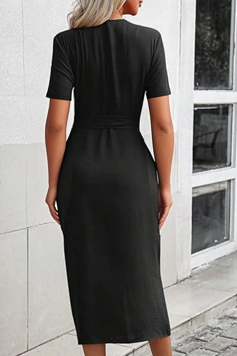 Womens Solid Color Collar Waist Belted Dress Short Sleeve Midi for Party 250513