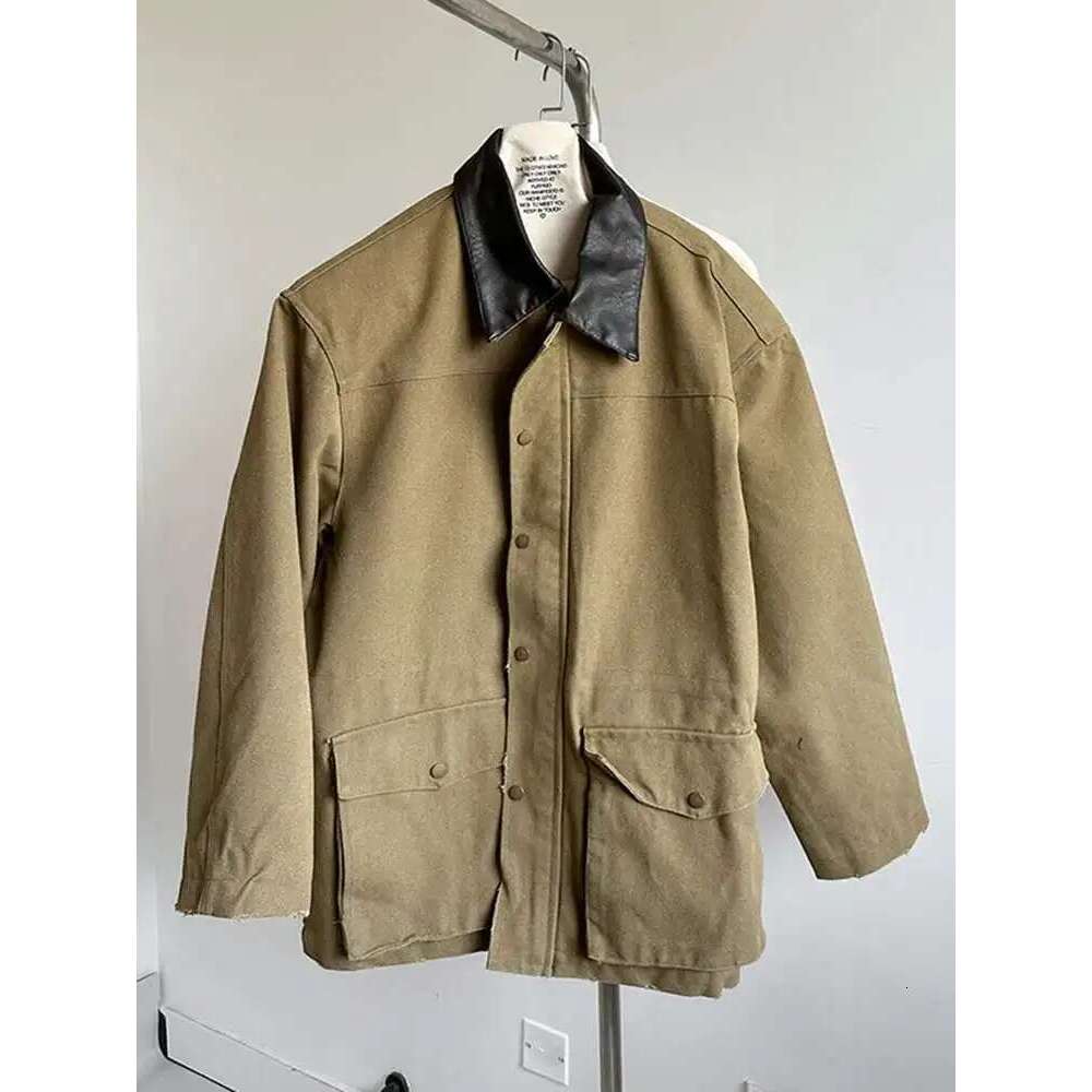 EAM Khaki Leather Collar Big Size Casual Jacket New Lapel Long Sleeve Women Coat Fashion Tide Spring Autumn 2025 1DH8168