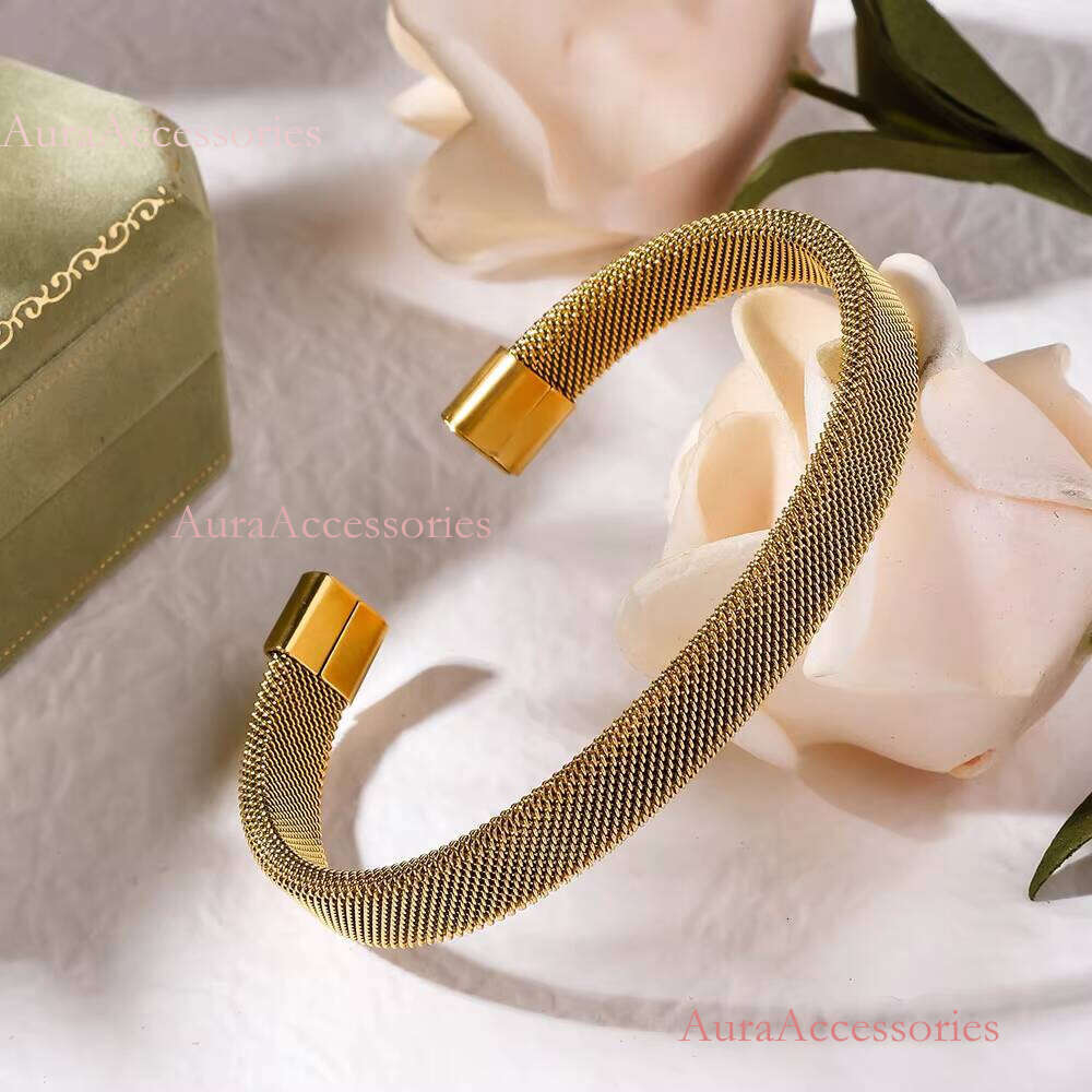Ins French Style Weaving Design Adjustable Bracelet Jewelry Gold Plated Mesh Open Cuff Bracelets & Bangles