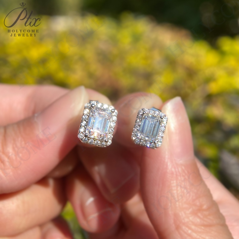 Emerald Cut Halo Earring Hip Hop Jewelry Iced Out VVS Diamond Moissanite White Gold Plated 925 Sterling Silver Stud Earrings for Men Women