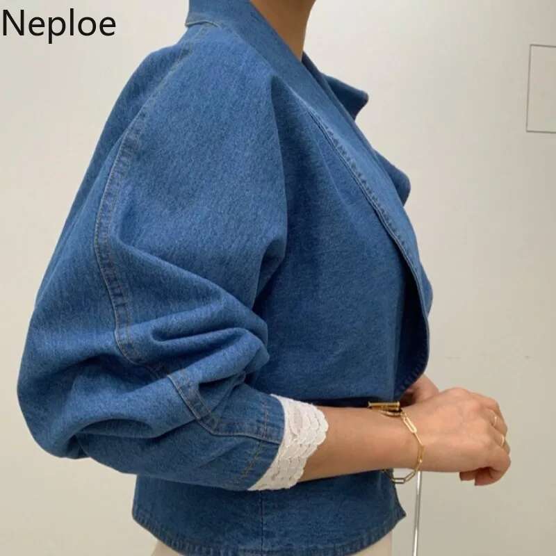 Neploe Fall 2025 Women Clothing Cropped Denim Jacket Vintage Turn-down Collar Puff Sleeve Ruffles Crop Tops Korean Jean Coat