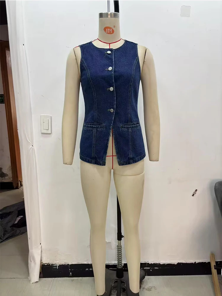 Women Summer Denim Vests Coats 2025 Fashion Solid ONeck Single Breasted Female Elegant Street Slim Waistcoat Outerwear 250506
