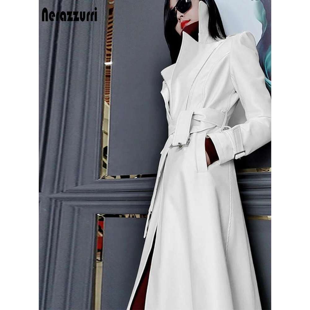 Nerazzurri Spring Runway White Leather Trench Coat for Women Long Sleeve Elegant fashion Womens Coats 2021 Designer