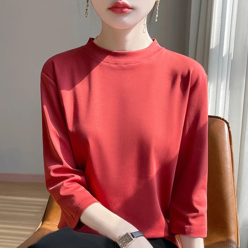 Summer And Autumn 100% Cotton Tshirt Womens SemiHighNecked Cropped Sleeves Loose Solid Color Bottoming Top 250513