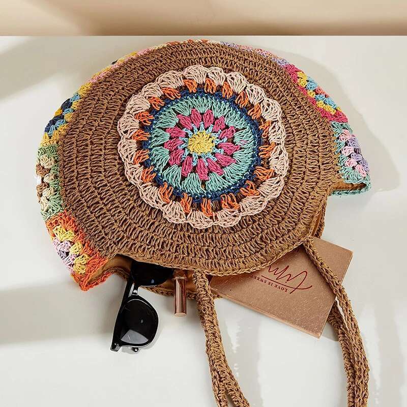 Designer Bag 2025 Ethnic Style Round Straw Weaving Fashion Shoulder Summer Handmade Woven Beach Underarm Bags Women's Large Capacity Tote Bag Lux