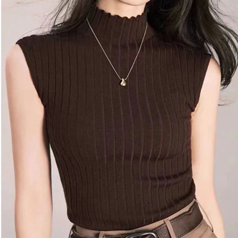 Black Tank Tops Women Sleeveless Knitted TShirts Crop Female Elastic Slim Vests Casual Summer Spring Pullover Camis 250513