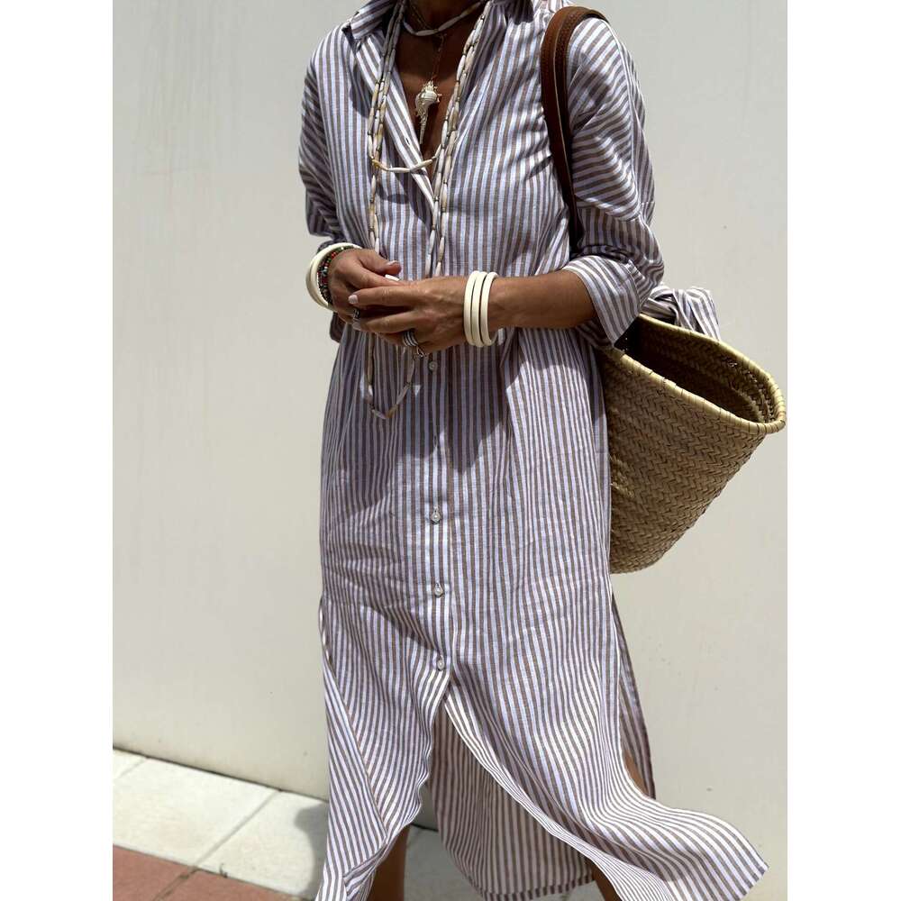 European American women's five quarter sleeve striped cardigan, lapel shirt dress 8061, 2025 new style, chic and elegant clothing