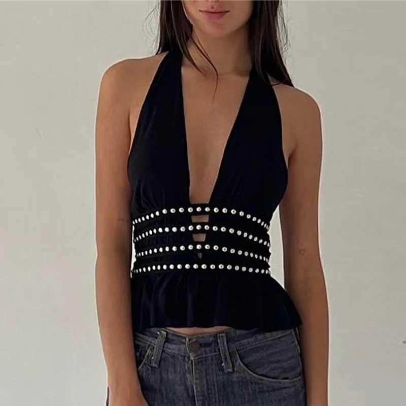 Womens Studded Halter Neck Tops Summer Deep V-Neck Backless Shirts Vest for Streetwear Aesthetic Grunge Clothes M250513