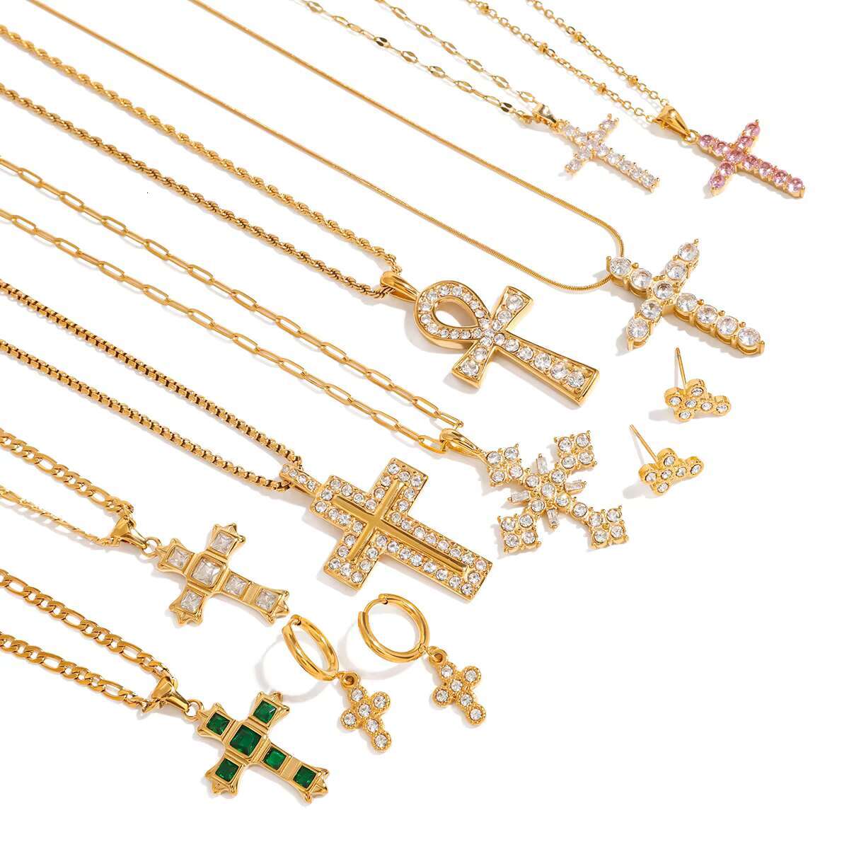 New Fashion Accessories Gold Plated Stainless Steel Declaration Cross Zircon Copper Pendant Women's Necklace